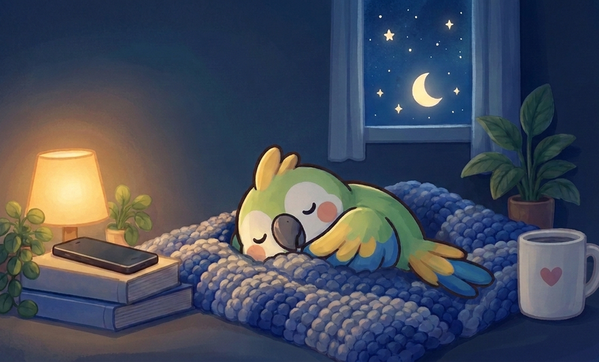 A sleepy green parrot rests on a blanket beside a phone, with the moon and stars outside.